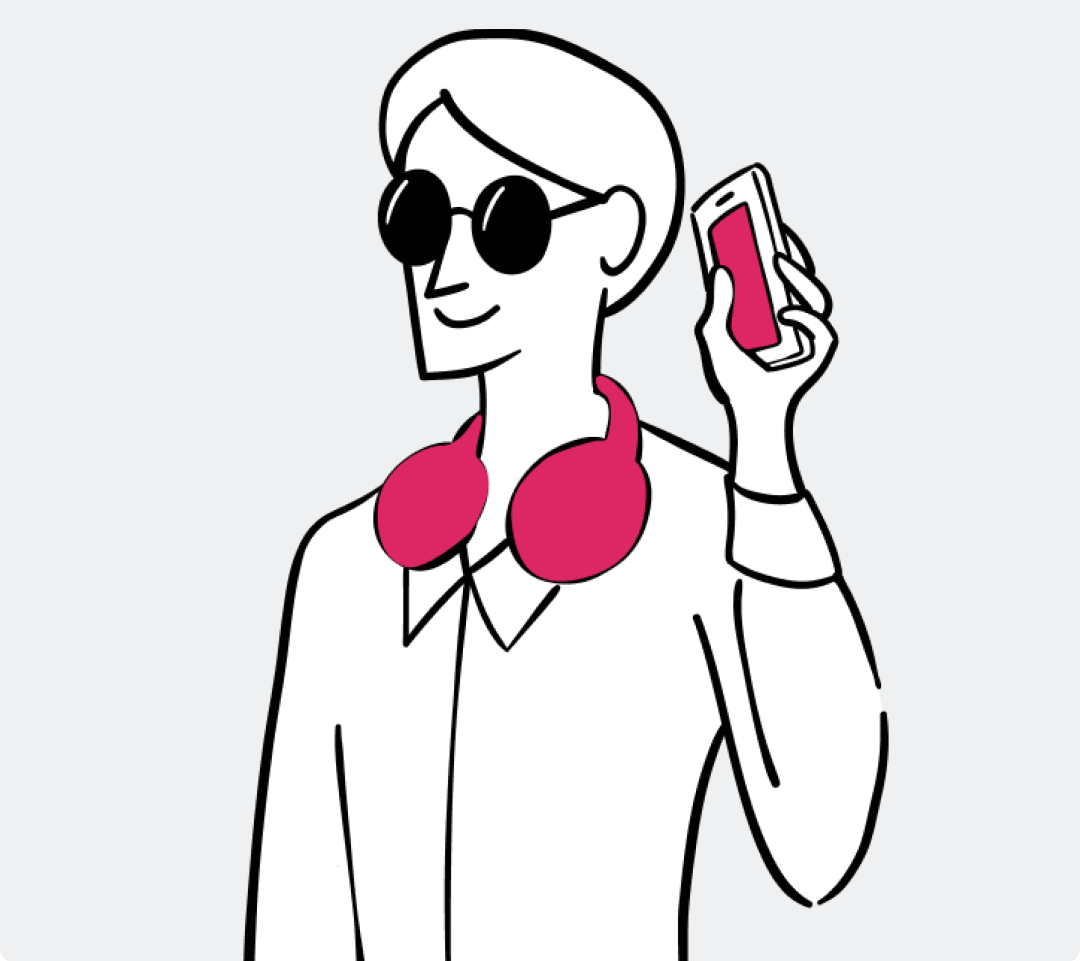 Illustration of a blind person with their sunglasses, headphones mobile phone