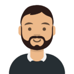 An illustration style avatar of a brunette male with a beard, wearing a black shirt with white collar.