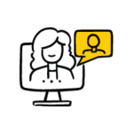 Illustration: A woman on a screen speaking to someone in a yellow speech bubble