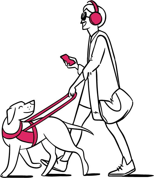 A person walking a dog with an assistive leash, a phone in hand, and wearing headphones.