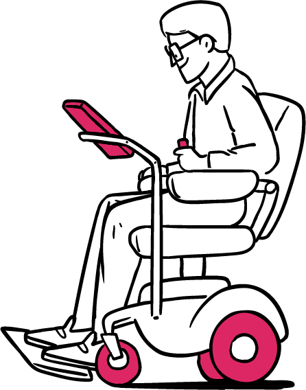 Sketch of man sitting in electric wheelchair looking at a screen