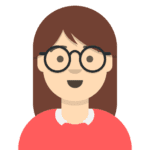 An illustration style avatar of a brunette female wearing round glasses and a red shirt with white collar.