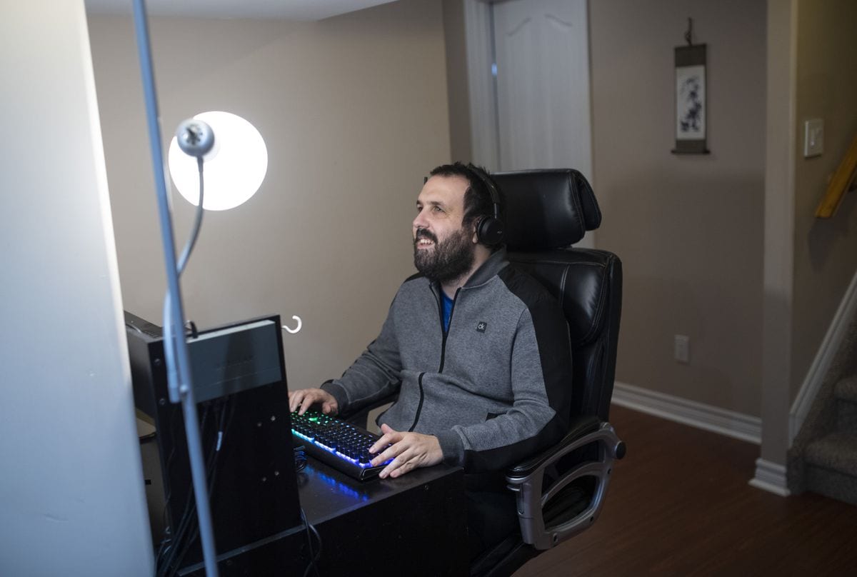 Samuel Proulx, community manager at Fable, at his home office in Ottawa on July 24, 2020. Image by JUSTIN TANG/THE GLOBE AND MAIL