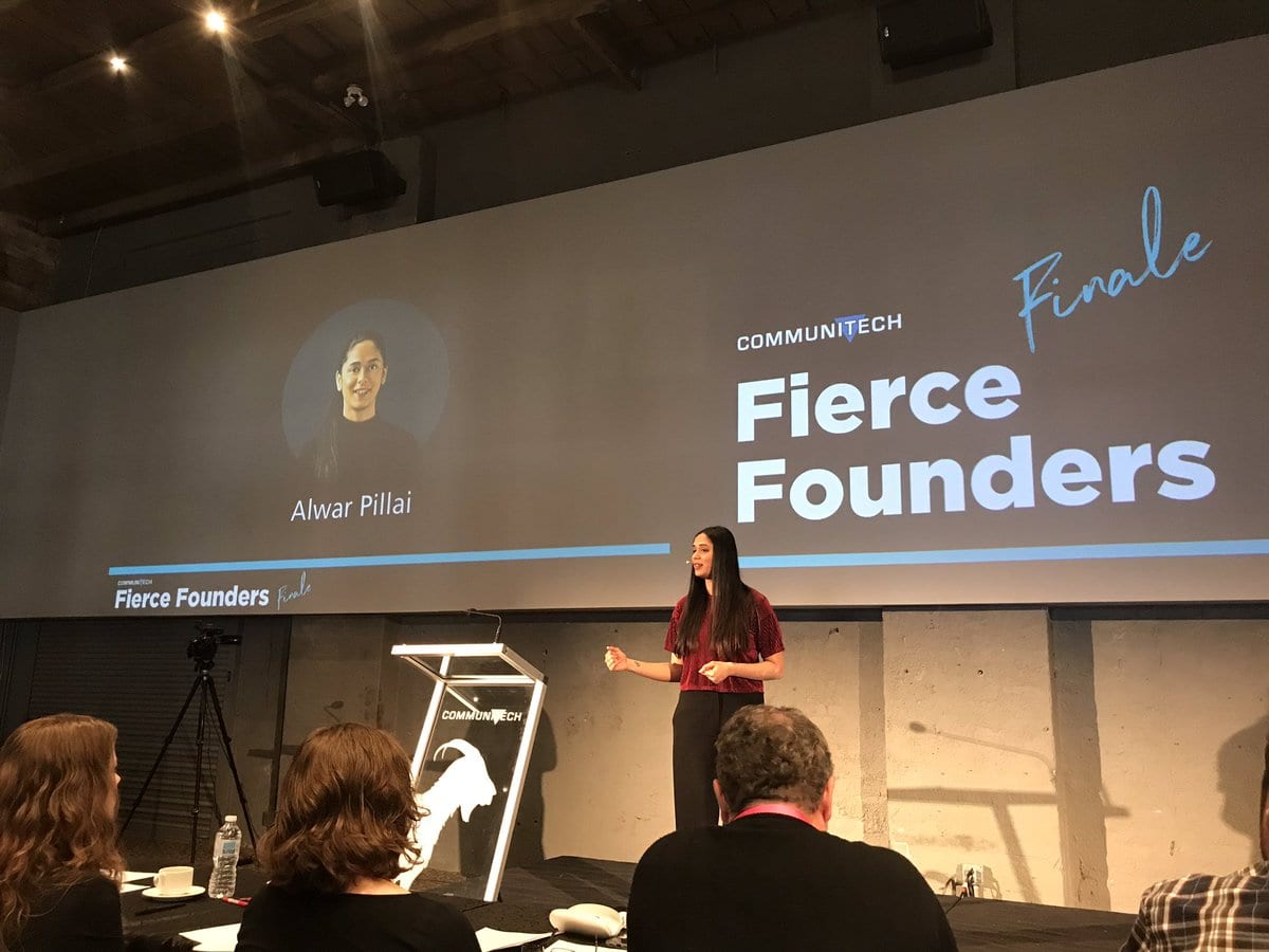 Alwar on stage pitching Fable in the Fall of 2018 at Communitech, where she won the Fierce Founders pitch competition