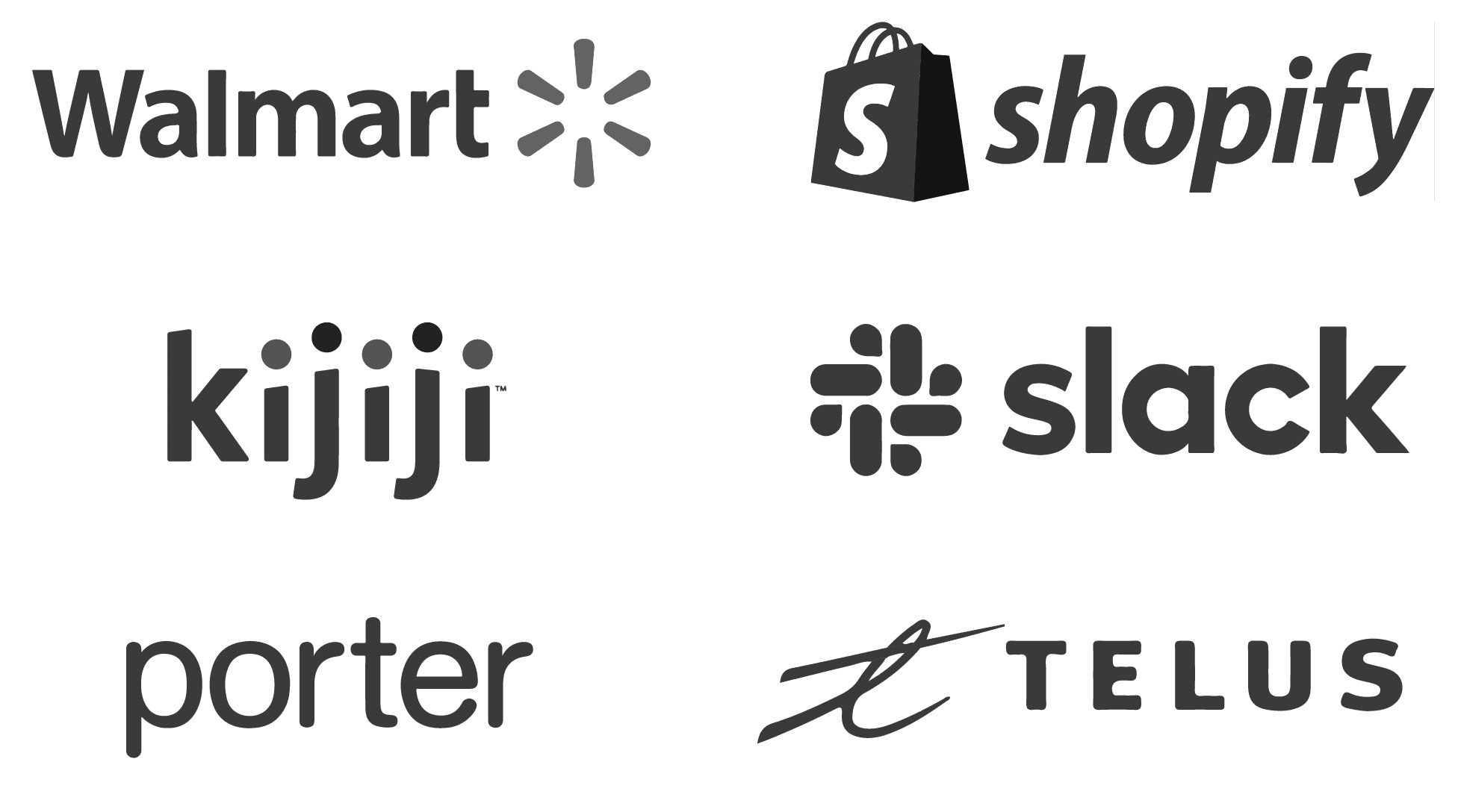 Walmart, Shopify, Kijiji, Slack, Porter and Telus logos