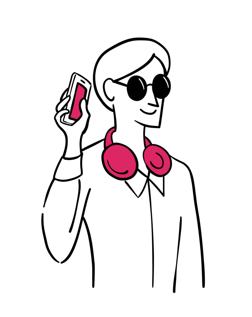 Illustration: Woman with short hair and sunglasses holds phone next to her ear as she swiped to listen to a screen reader
