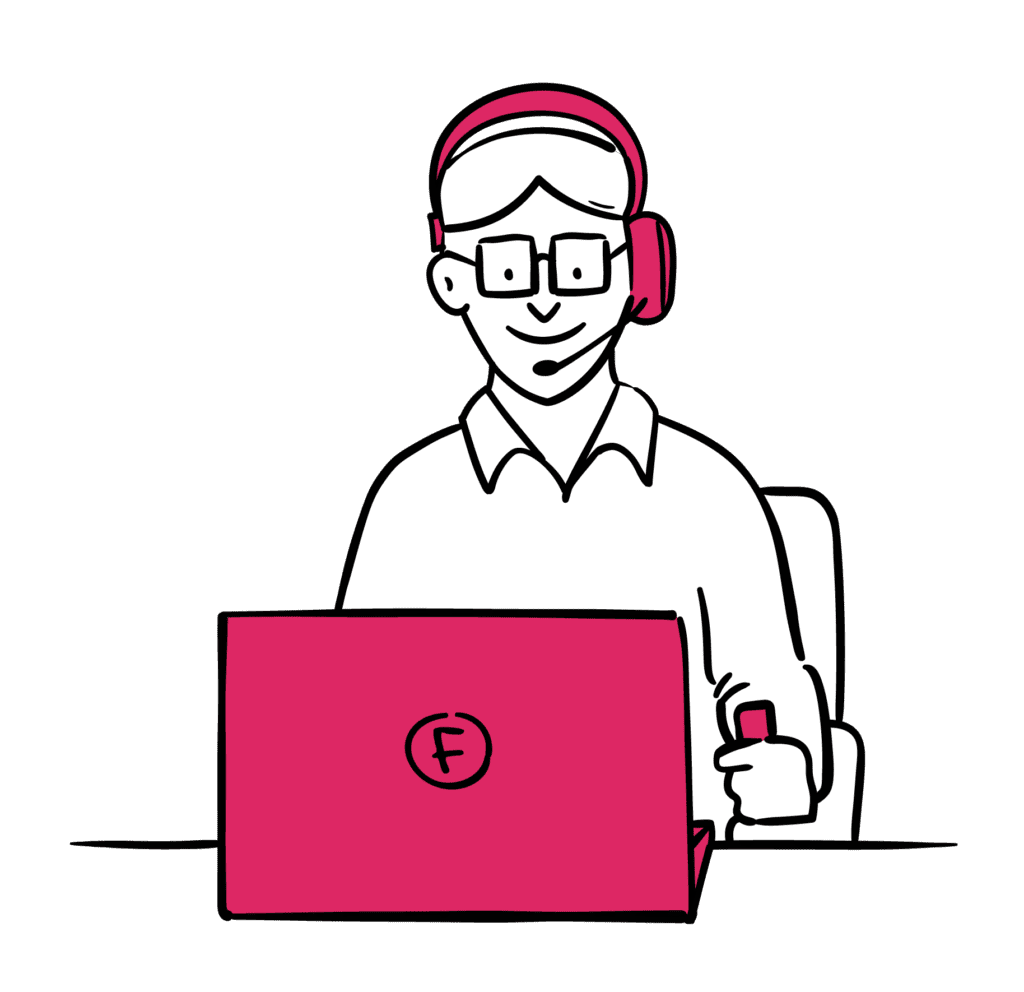Illustration: Man in automatic wheelchair uses joystick to control laptop