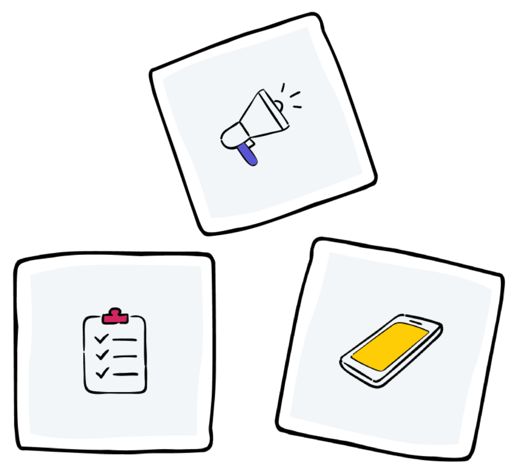 Illustration of checklist, mobile phone, and loudspeaker