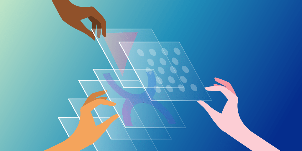 Black, brown, and white hand reaching to a set of virtual content layers in the middle of the image