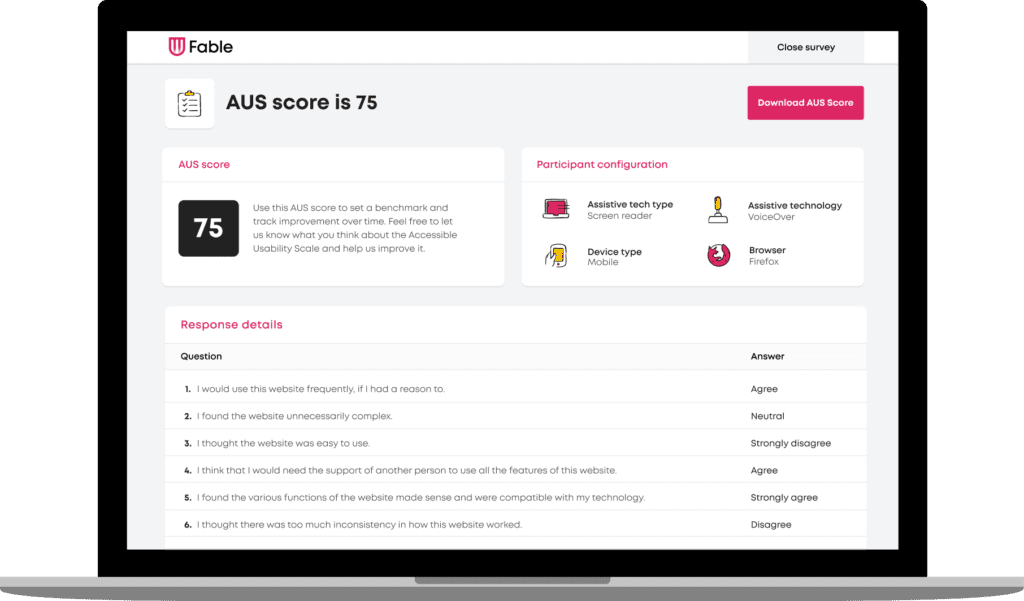 Screen shot of AUS results with score of 75