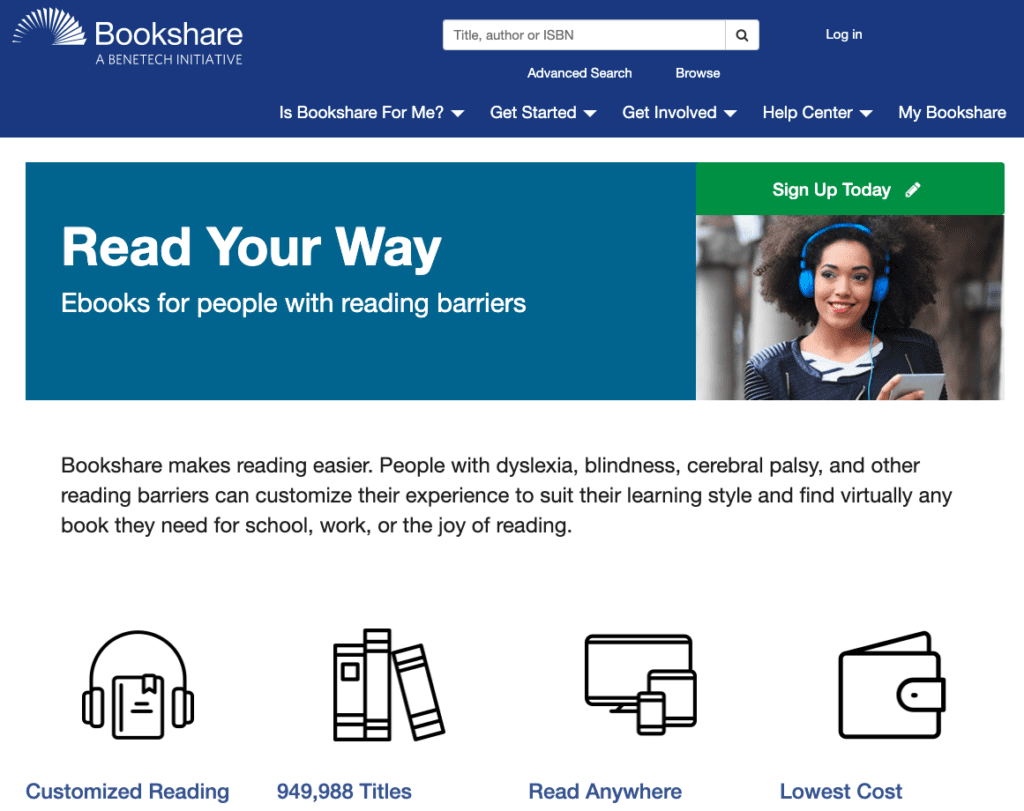 Screenshot of Bookshare showing its homepage saying "read your way - ebooks for people with reading barriers" as well as customized reading, 950k titles, and read anywhere