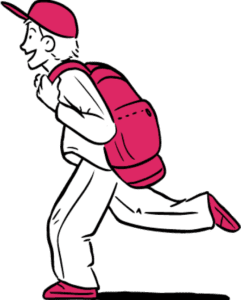 Illustration: a boy running with a pink baseball cap, pink backpack, and pink shoes.