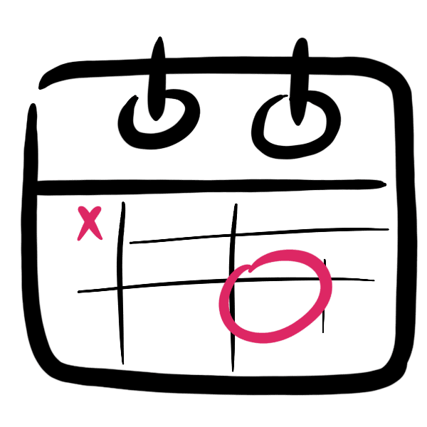 Illustration: a black outlined calendar with a pink circle around a certain date