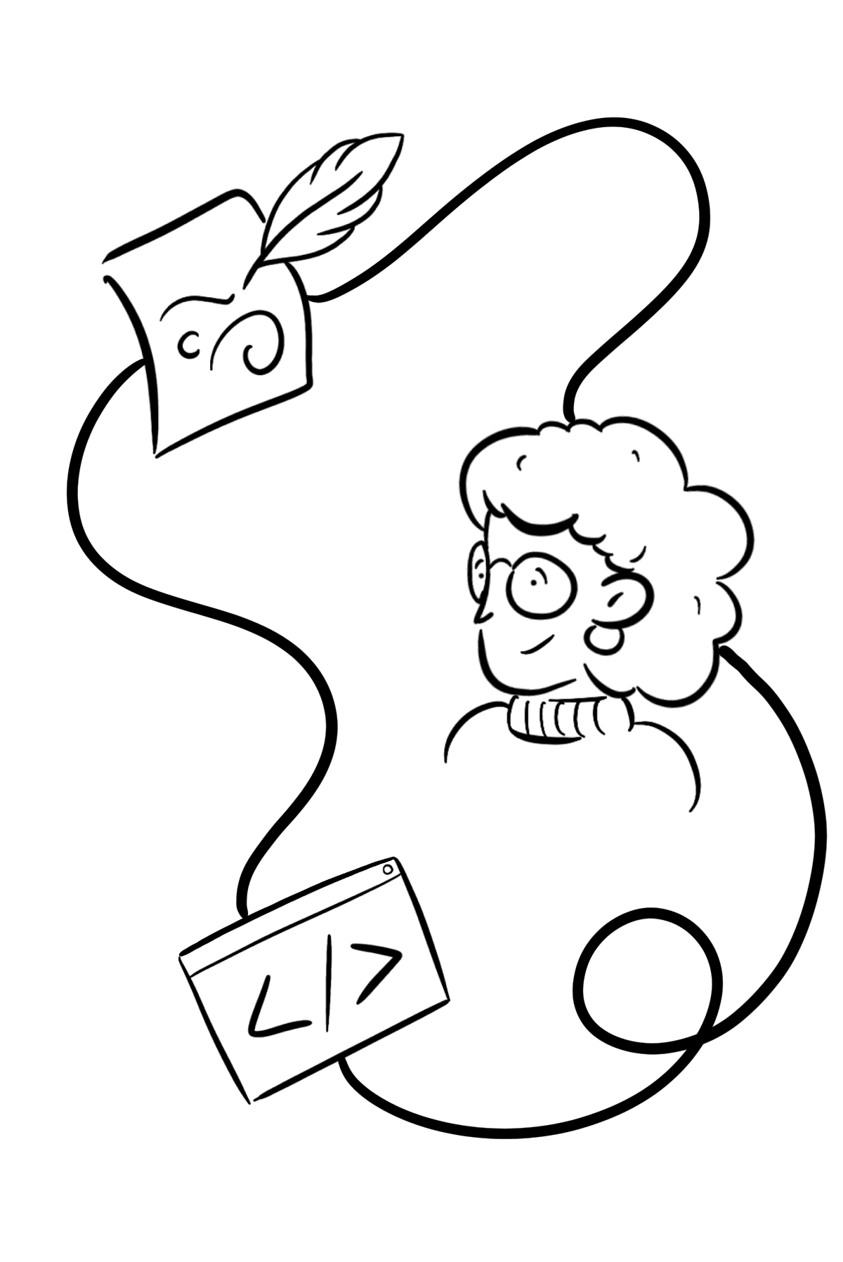 Paper with a quill drawing, an older lady with glasses, and a screen with html markup all connected to eachother