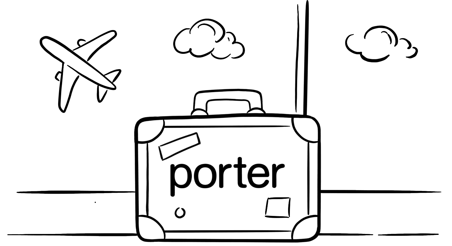 Illustration: A travel briefcase with the Porter logo. Airplane in the background and clouds.