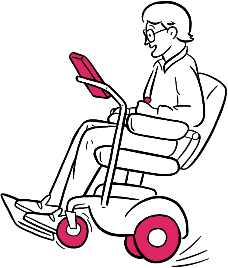 Man in powered wheelchair doing a wheely, smiling