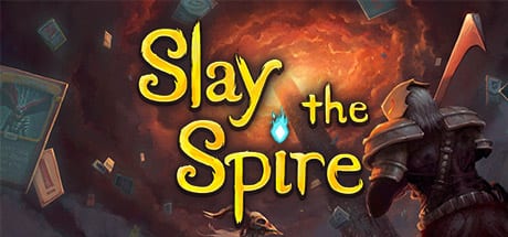 Slay the Spire cover image, a knight with a sword looking up at a big tower surrounded by fiery clouds