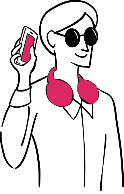 Person listening screenreader (1) A person wearing sunglasses and headphones listening to a screenreader with a smile on their face