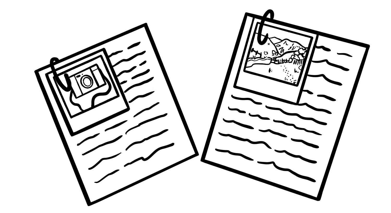 Illustration: Two documents with photos paper clipped on each one, representing descriptions of the images. One photo is of a point-and-shoot camera, the other is of a meadow with a pathway.