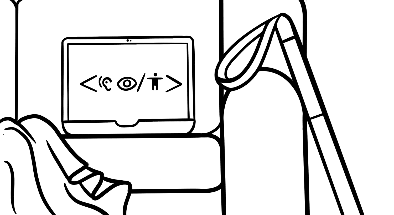 Illustration: A laptop sits open on a couch, with a blanket draped to one side and a guide cane leaning on the couch’s arm. The laptop displays an ear, eye, and the a11y symbol between coding brackets.