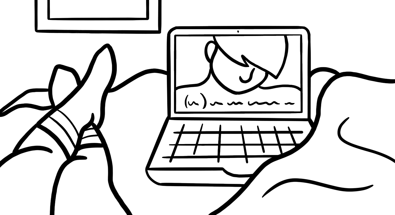 Illustration: A laptop sits on someone’s bed, playing a video that shows a closeup of a character’s face with closed captioning of the dialogue. The viewer’s legs are visible beside the laptop, stretched out and crossed.