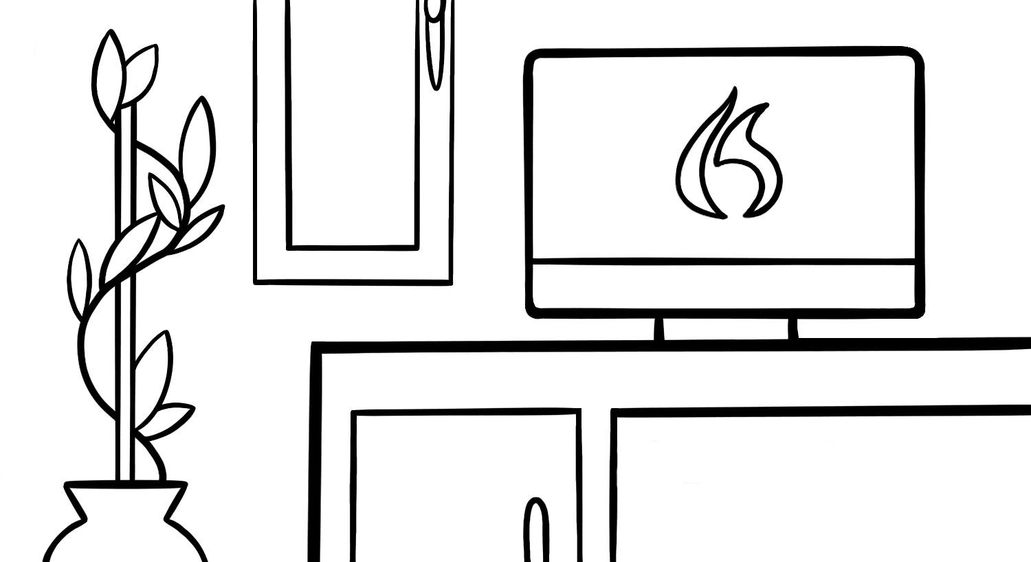 Illustration: A desktop computer sits on a cabinet, next to a window and tall houseplant. The computer screen displays the Dragon naturally speaking logo of a flame.