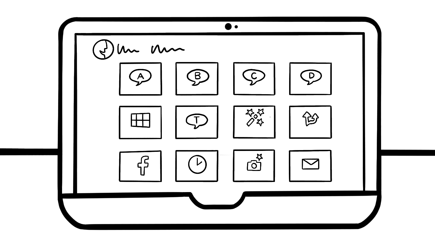 Illustration: A laptop displays Grid3 control options for computer navigation. Twelve icons are featured that range from speech commands to web shortcuts.