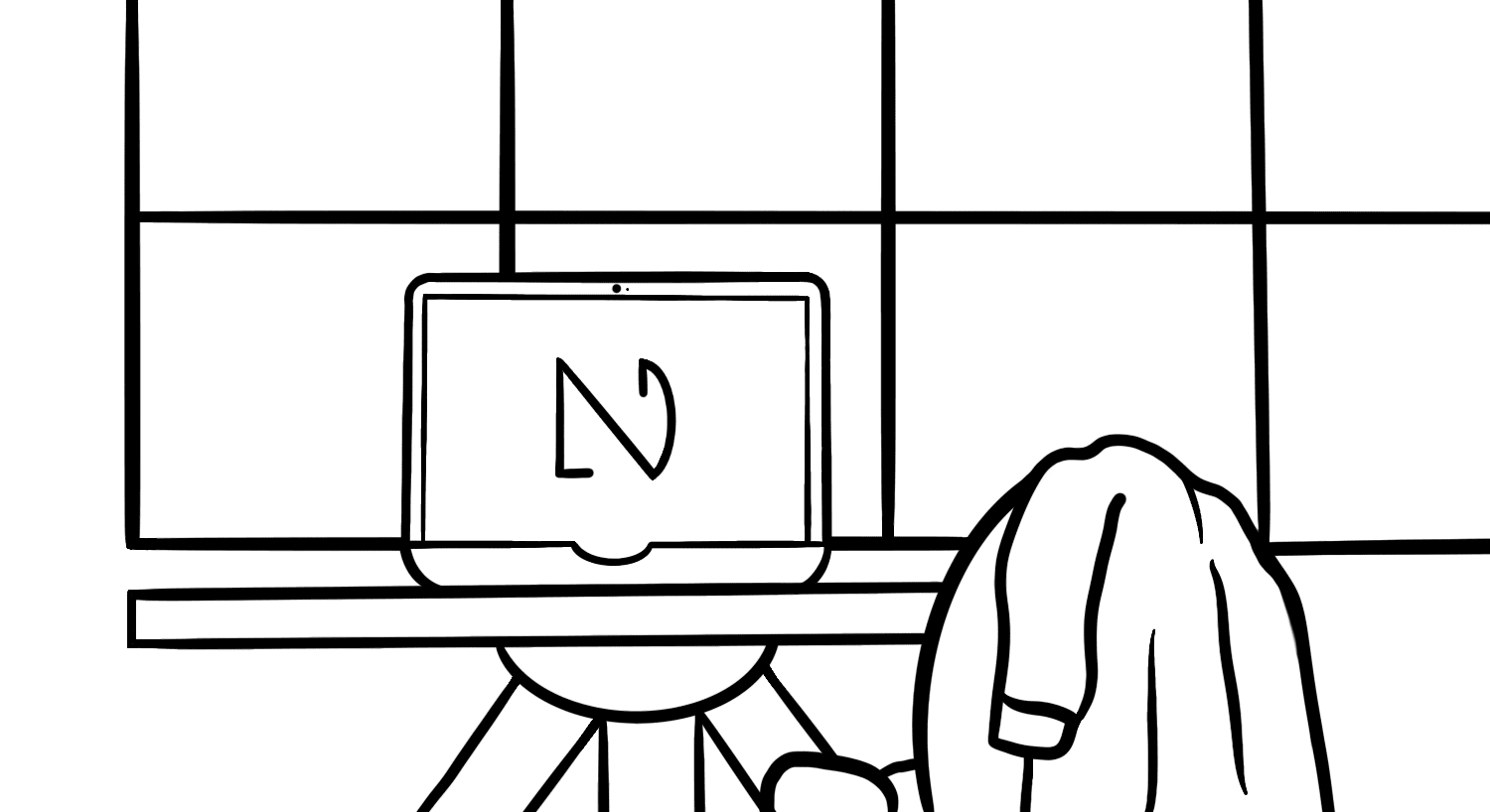 Illustration: A laptop sits on a table with a jacket-covered desk chair nearby, and a large multi-paned window in the background. The laptop screen displays the NVDA logo, which is an abstract blend of the letters that make up the acronym.