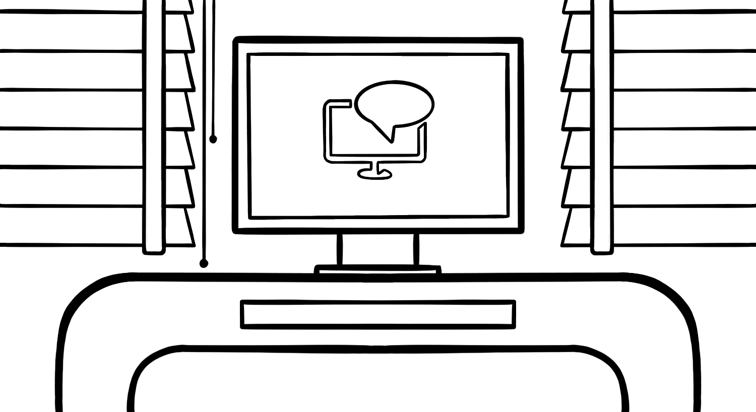 Illustration: A computer monitor on a desk sits between two windows covered by horizontal slat blinds. The screen depicts an image of a computer screen with a speech bubble, to represent Window’s screen reader functionality.
