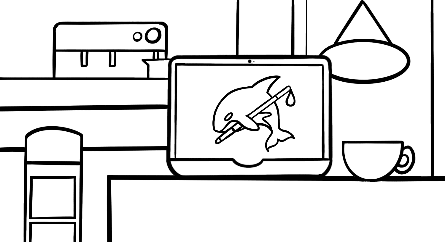 Illustration: A laptop sits on a table in a café, with the bar counter and espresso machine in the background. The laptop screen displays the Orca logo of an orca whale holding a guide cane.