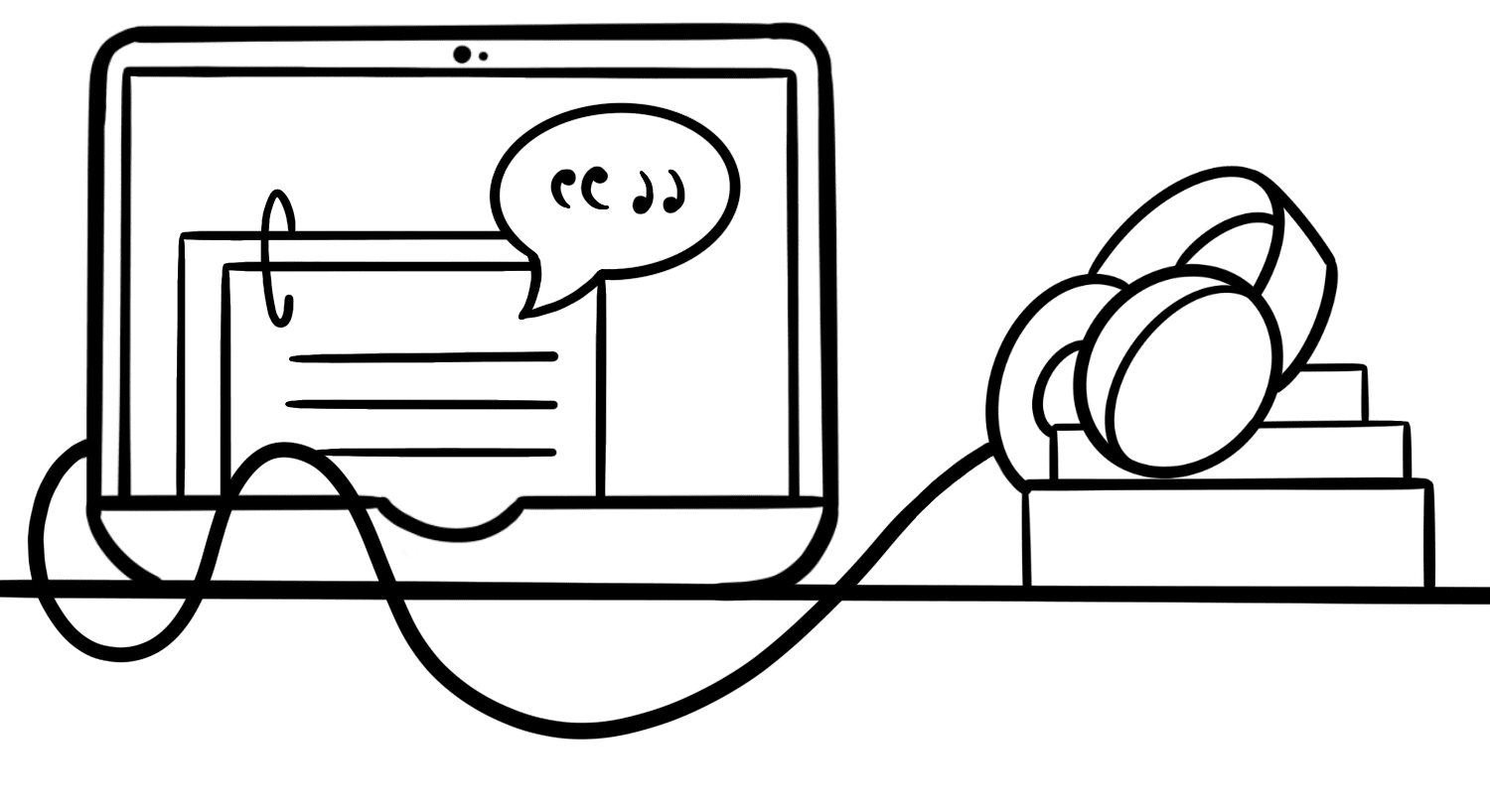 Illustration: A laptop sits on a table, connected to headphones that are resting on a stack of books. The screen displays an image of a multi-page paper document with a speech bubble, representing Text-to-Speech technology.