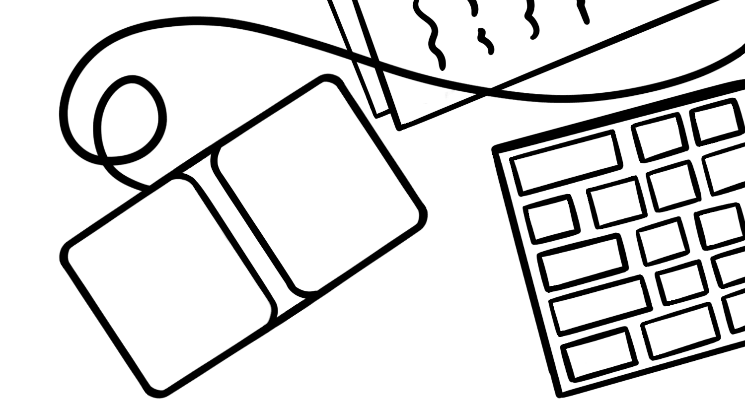 Illustration: A switch system device consisting of two large buttons sits beside a desktop keyboard, representing alternative navigation used by those with movement-limiting disabilities.
