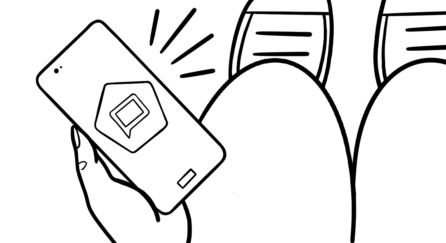 Illustration: Overhead view of a person holding a smartphone that is making sounds. The Talkback logo is being displayed. The individual’s knees and shoes are in the background.
