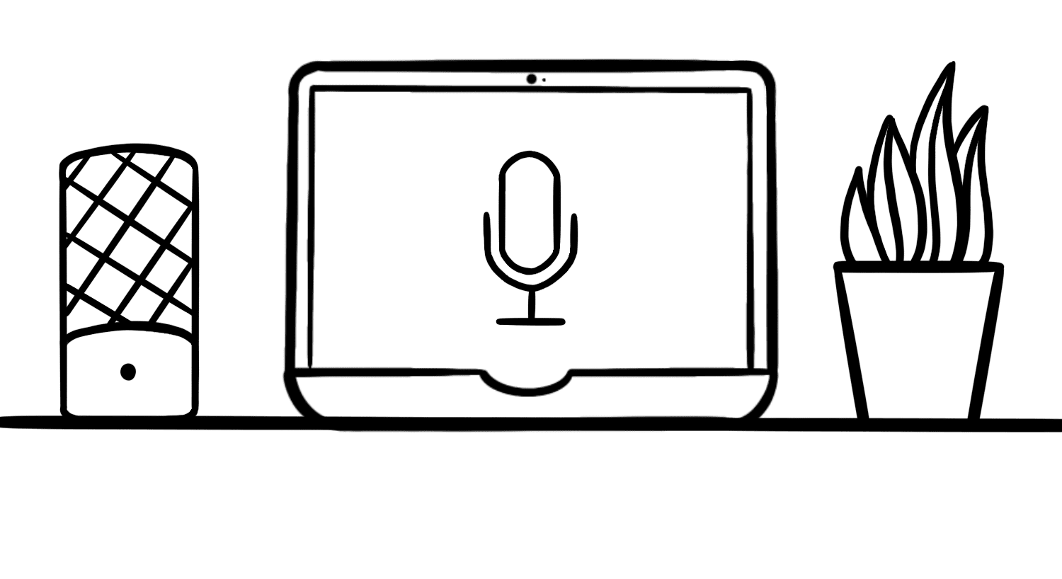 Illustration: A physical microphone next to a screen with a microphone on it representing a voice control app and a plant to the right side of the device