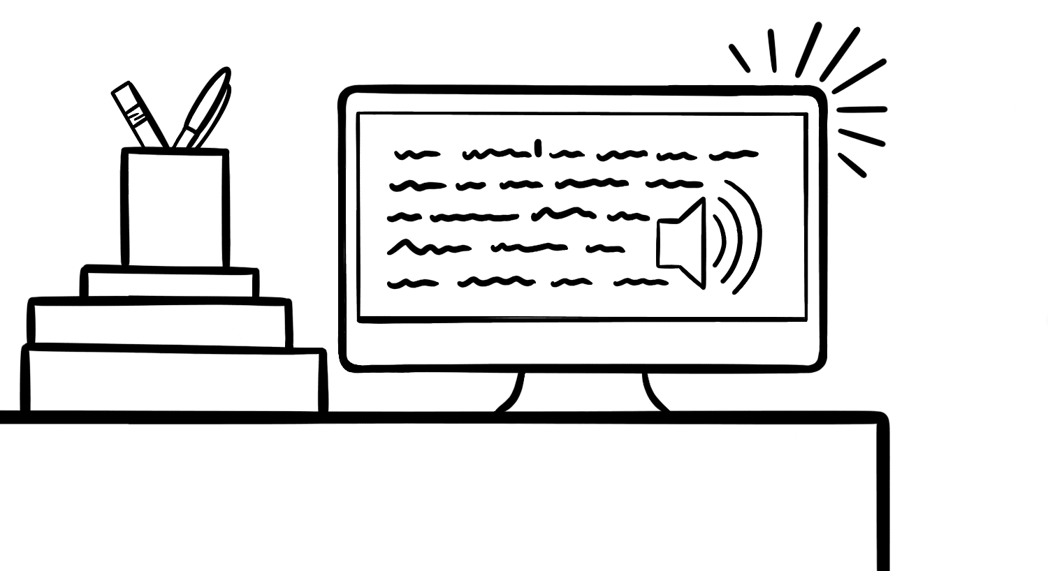 Illustration: A desktop computer sits on a desk, with a Voiceover program reading text on the screen out loud. Beside the computer is a stack of books and a cup full of pens.