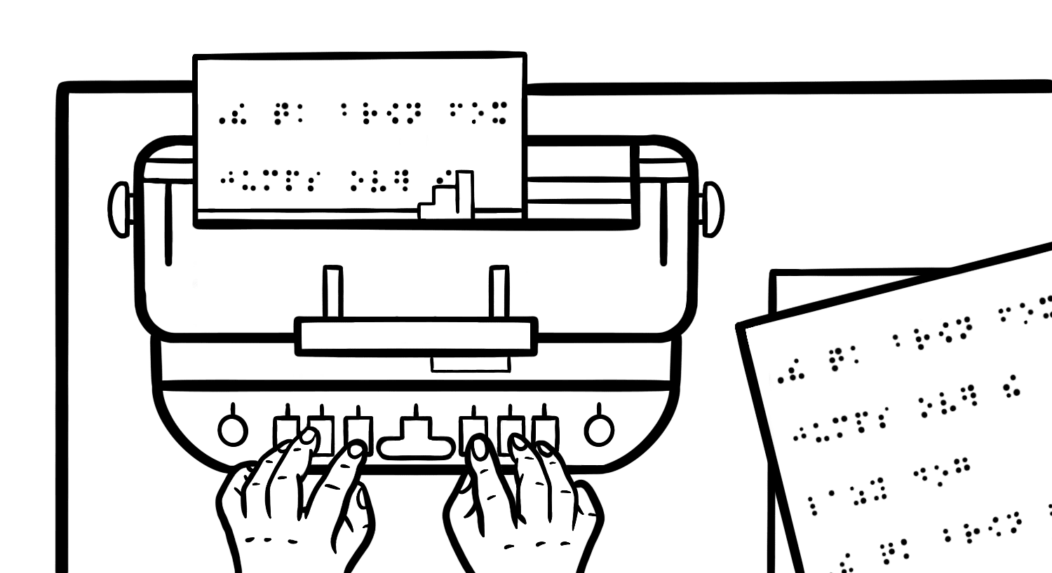 A person using a brailler which appears to be a specialized typewriter that outputs brailler onto a paper. There is a piece of paper coming out of the brailler as well as a couple lying next to it.