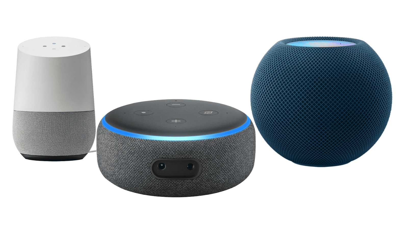 Google Home, Amazon Echo, and Apple HomePod devices displayed side by side