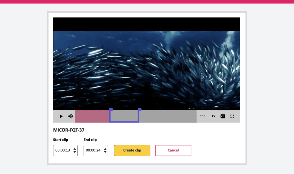 Screenshot of Fable's accessible video clipping component. A segment of the video (featuring a school of fish) is highlighted, for trimming.