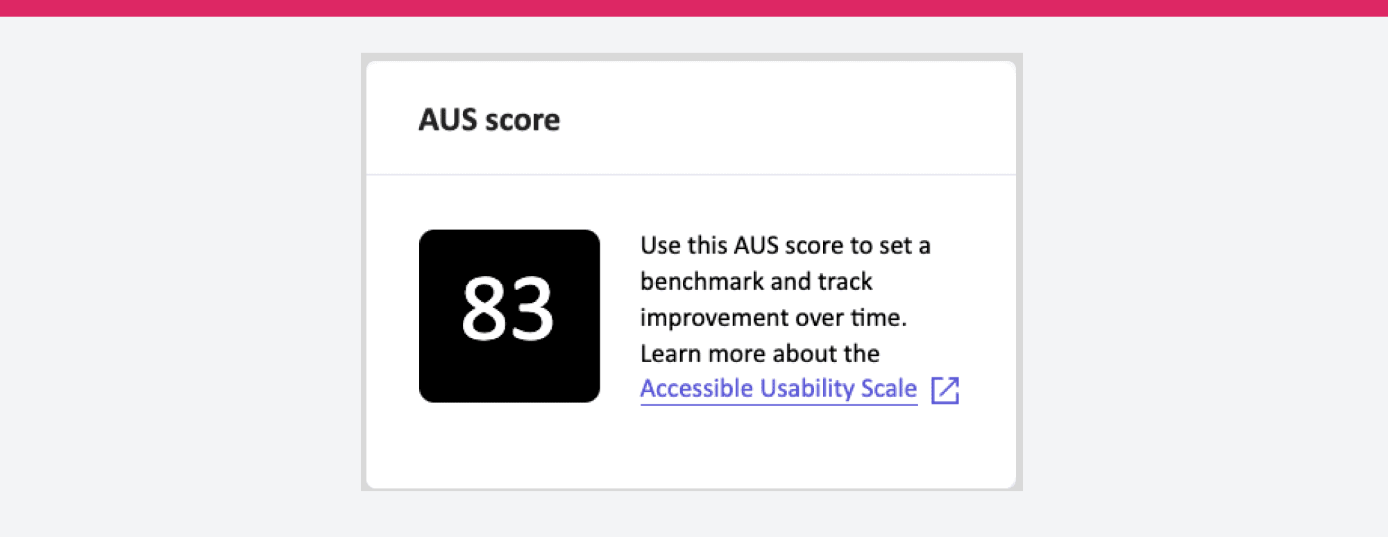 Screenshot of Fable's AUS score. Score: 83. Text: Use this AUS score to set a benchmark and track improvement over time. Learn more about the Accessible Usability Score (hyperlinked).