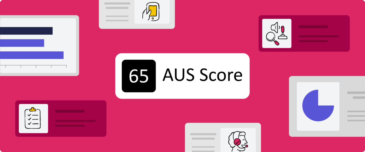 An illustration of the AUS score of 65 that features supporting illustrations that highlight data, testers, and assistive technology tools.
