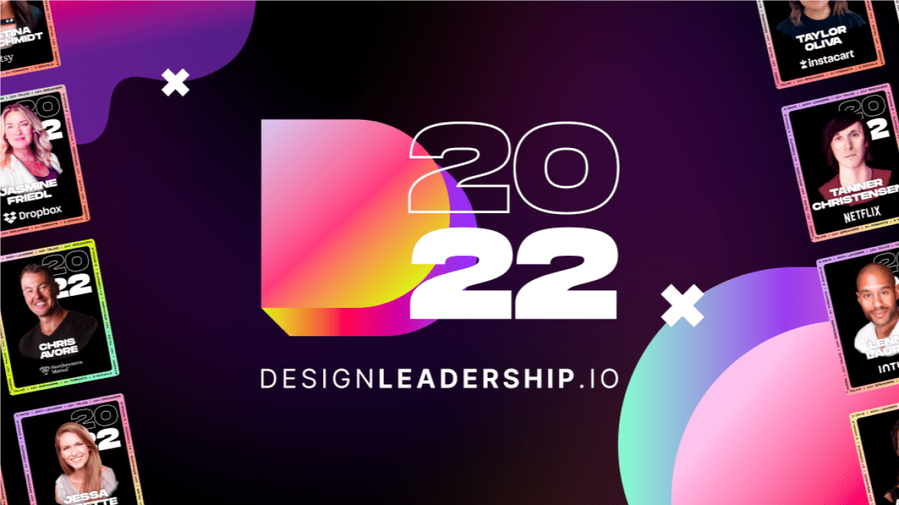 D2022. DesignLeadership.io. Colourful abstract design with illuminated composite of speaker headshots at a distance.