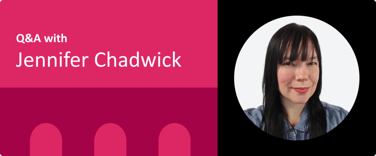 Blog cover image that reads 'Q&A with Jennifer Chadwick'. The text is above a pink bridge that is aligned with a circular headshot of Jennifer that lies within a black frame