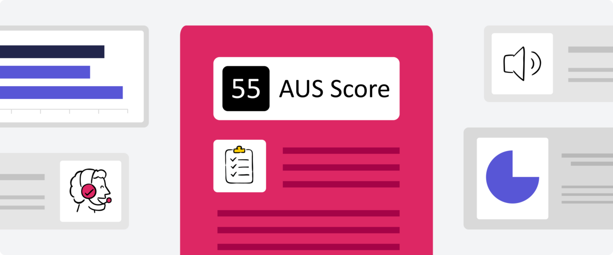 An illustration of a 55 AUS score with a clipboard underneath. There are icons of a bar graph, a person speaking into a headset, a pie chart, and a volume control on either side.