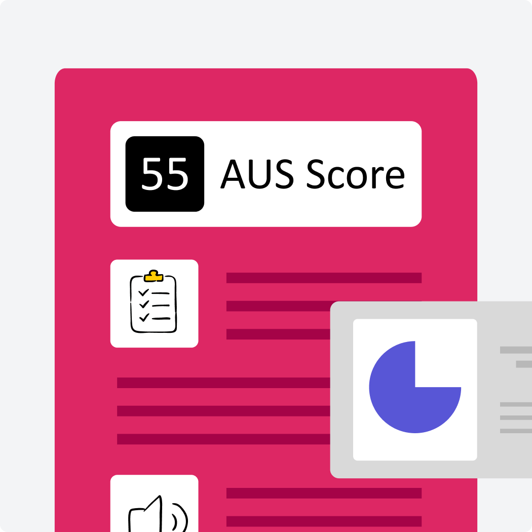 Illustration of a pink report featuring the average AUS score for screen readers - 55 and a pie chart.