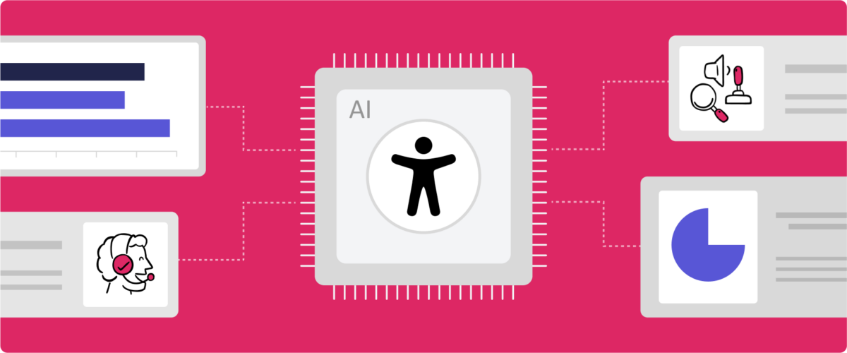 Illustration of a grey AI chip with the accessibility icon in the center of it. The chip is surrounded by abstract data visualizations and information of assistive tech users.