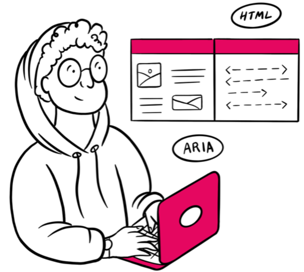An illustration of an engineer in a hoodie typing on a laptop while looking at a website along with its code