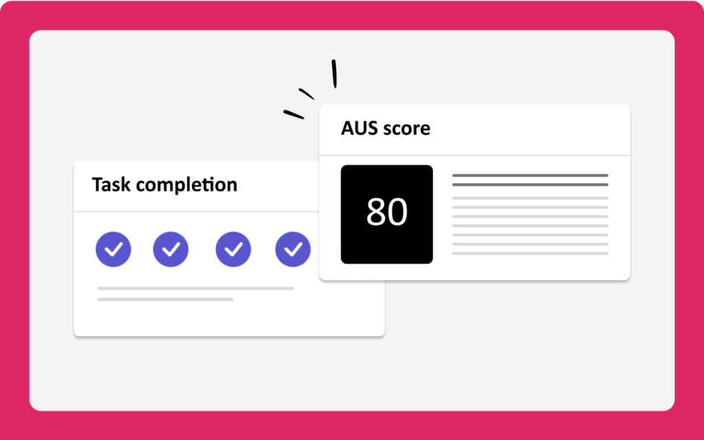 An image featuring two cards - one of a 'Task completion' interface and the other of an 'AUS score' interface