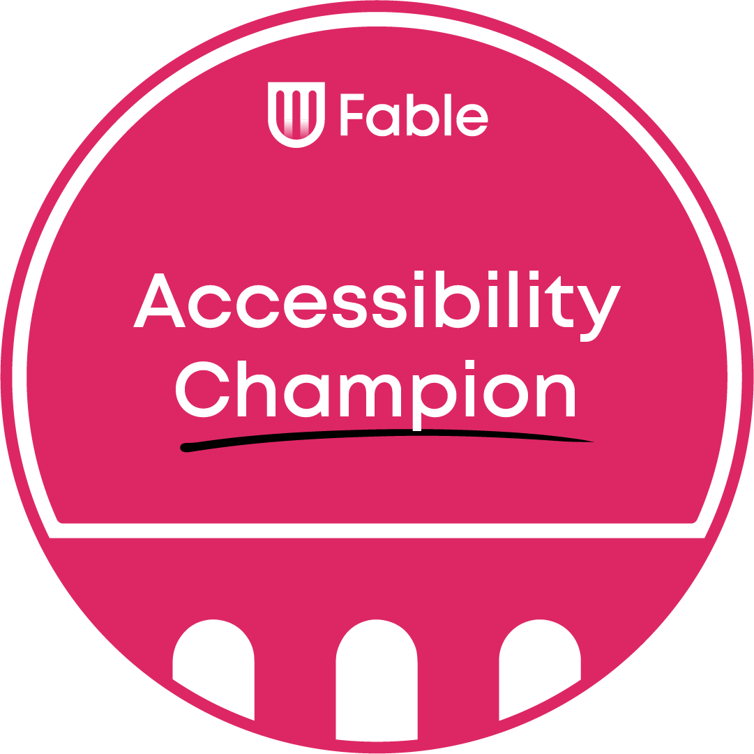 Fable Accessibility Champion badge in pink with a minimalist drawing of a bridge and the Fable logo