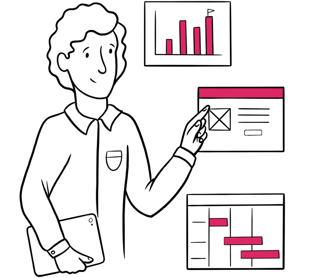 Illustration of a product manager pointing at a prototype screen. The person is holding a tablet and is facing three screens - a fluctuating bar chart, a prototype, and a project roadmap