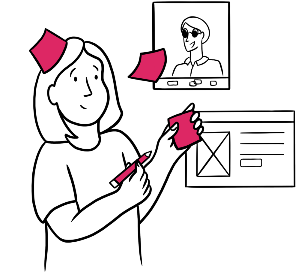 Illustration of a person holding a pencil and a stack of post-it notes that are flying into the air in front of a screen with a picture of a person talking and another screen with a UI mocked up